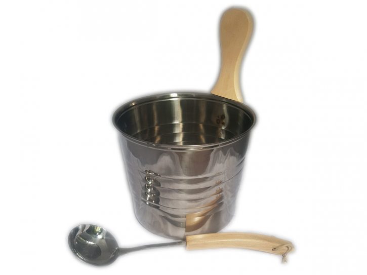 Wooden bucket and ladle Stainless steel with wooden grip